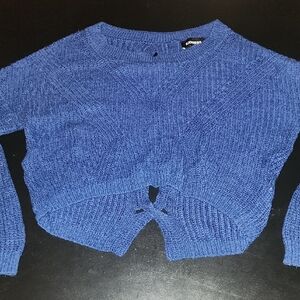 Express Vibrant Blue Lace Up Back Cropped Loose Fit Crew Neck Sweater Xs